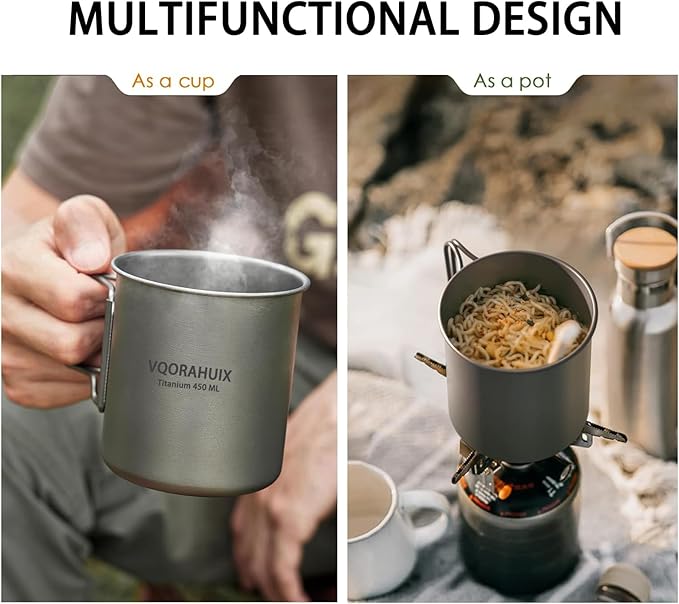 Titanium Mug Camping Pot Titanium Cup 420ml & 750ml Titanium Pot with Lid, Spork, Bag Lightweight Titanium Camping Pot for Backpacking Hiking Picnic and Traveling