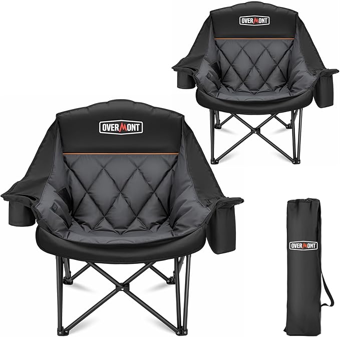 Overmont 2PCS Oversized Camping Chair for Adults - 400lbs Support Heavy Duty Padded Folding Chair with Cooling Bag Cup Holder Side Pocket Carry Bag - Comfortable Portable for Outdoor Garden Sports