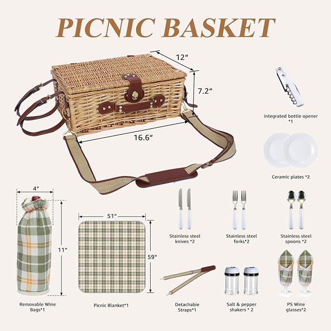 Picnic Basket for 2 with Blanket, Willow Picnic Basket Set with Shoulder Strap&Wine Pouch, Large Willow Hamper with Insulated Cooler for Outdoor, Camping, Beach, Couples, Wedding Gift