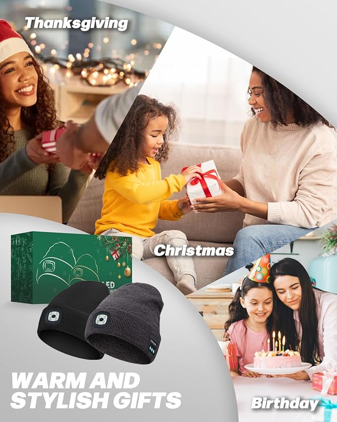 Bluetooth Beanie with Light, USB Rechargeable LED Headlamp Winter Hat, Men Women Valentine's Day Gifts
