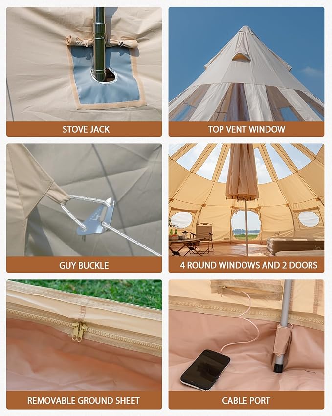 TOMOUNT Canvas Tent with Rainfly with Stove Jack Bell Tent Yurt Glamping Tent with TPU Transparent Roof for Family Camping