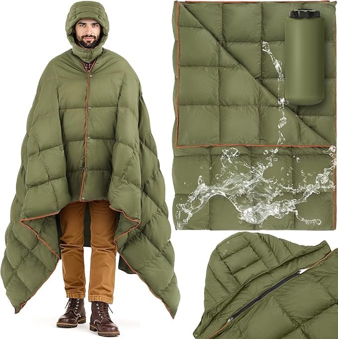 Upgraded Hooded Down Camping Blanket Waterproof 650 Fill Puffy Poncho Blanket 77" x 50" Packable Wearable Sleeping Bag with Detachable Hat Outdoor Stadium Camping, 1.36 lb(Olive Green)