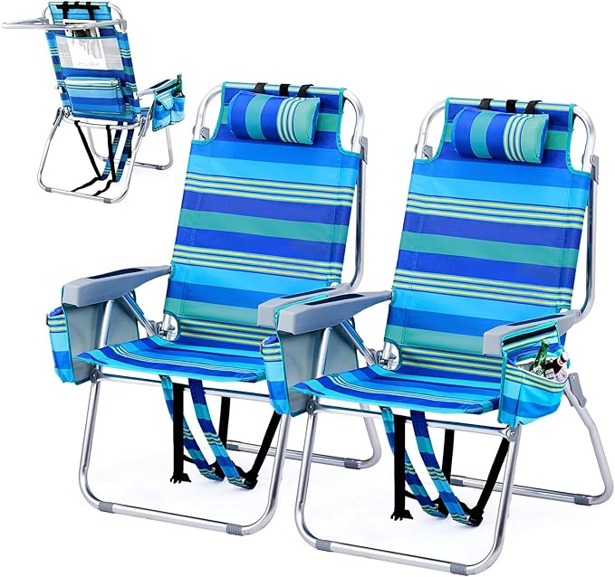 VINGLI Tall Beach Chair 2 Pack Lightweight, Backpack Beach Chair for Adults with 5-Position, Cooler Bag, Cup Holders, Towel Bar, Lightweight Folding Beach Camping Chairs