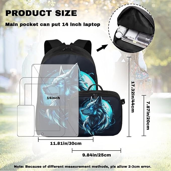 Wolf Backpack with Lunchbox Blue Bookbag for Men Large Capacity School Bag with Adjustable Shoulder Strap for Outdoor Travel Hiking Camping