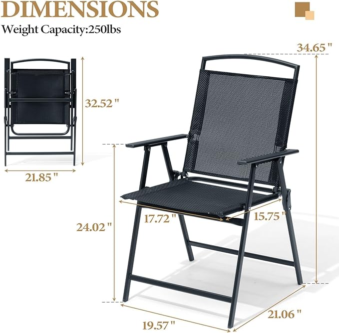 Crestlive Products Patio Folding Chairs Set of 2, Outdoor Folding Chairs with Durable Rust-Resistant Frame and Breathable Textilene Material for Outside, Black