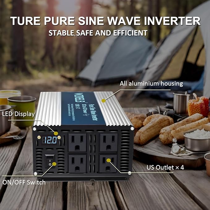 WZRELB 2000W Pure Sine Wave Inverter 12V DC to 110V 120V AC Power Converter with LED Display, Off-Grid Portable Power Inverter with 4 AC Outlets for Home, RV, Truck, Camping