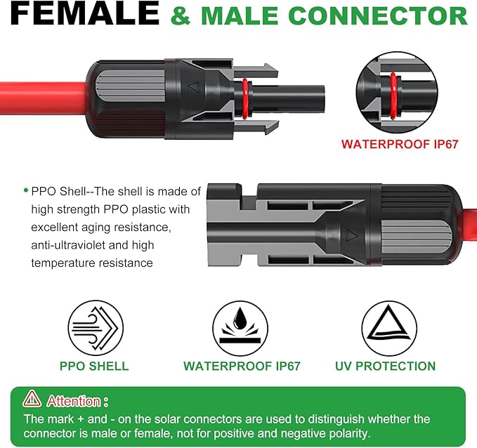 Oududianzi 10AWG Solar Extension Cable 70Ft, Solar Panel Extension Cable, 10 AWG Solar Wire, PV Wire, Solar Panel Wires and Connectors for Solar Systems (70FT Red+70FT Black)