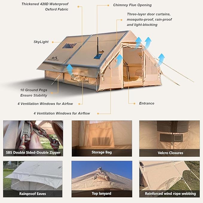 8/10/12 Person Large Inflatable Tents for Camping, 4 Season Blow Up Tents with Canopy/Rainfly, Luxury Inflatable Tent House with Stove Jack, Easy Setup Inflatable Camping Tent.