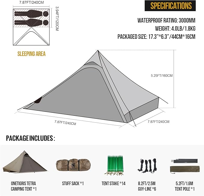 OneTigris Tetra Ultralight Tent, Upgraded, 1-2 Person, Waterproof, 3 Season, Ideal for Camping Hiking Trekking Backpacking Bushcraft