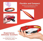 Rechargeable LED Headlamp (Red), 400 Lumens, 230° Wide Beam, USB-C, 5 Modes — Lightweight, Adjustable Headband; Hard Hat Clips for Camping, Hiking, Running & Repairs