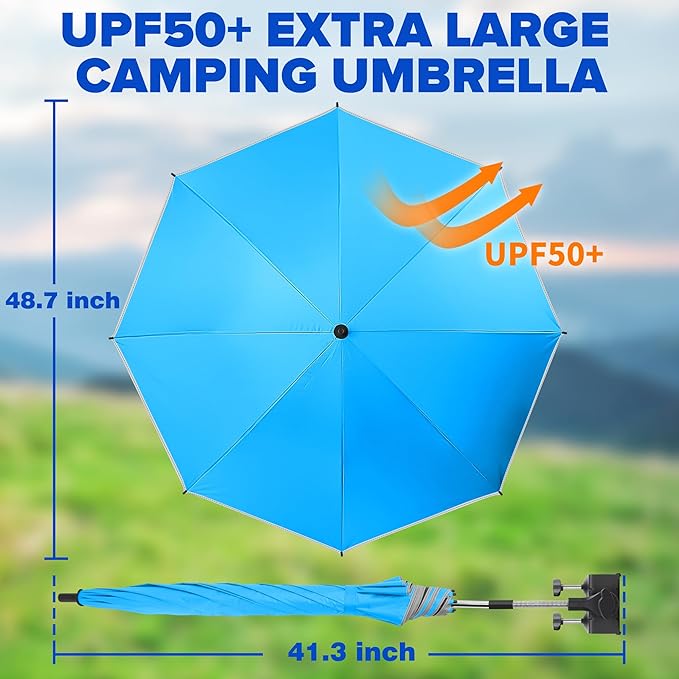Beach Umbrella, 2PACK 48.7inch Chair Umbrella with Clamp adjustable 360°, UV Protection Large Camping Chair Umbrellas for Camping chair, Glof Cart,Table(Chair,Table not include)