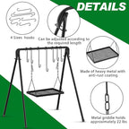 Campfire Swing Grill Stand Adjustable Campfire Cooking Equipment Camping Accessories Cookware Hanging Rack with 8 Hooks and Portable Grill Stand for BBQ Picnic Outdoor Party