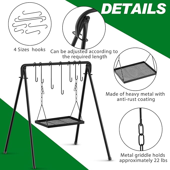 Campfire Swing Grill Stand Adjustable Campfire Cooking Equipment Camping Accessories Cookware Hanging Rack with 8 Hooks and Portable Grill Stand for BBQ Picnic Outdoor Party
