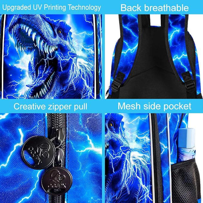 17" Dinosaur Backpack for Boy, 3Pcs Lightning Bookbag for Elementary Preschool Kindergarten, Kids School Backpacks with Lunch Box (Blue)