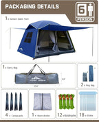 Three Bears 6-Person Tent, 3000mm Waterproof Double-Layer Tent with Room Dividers, Family Tent with Color-Coded Connection Buckles, Front and Rear Vestibules Can Be Set Up as Sunshade Canopies