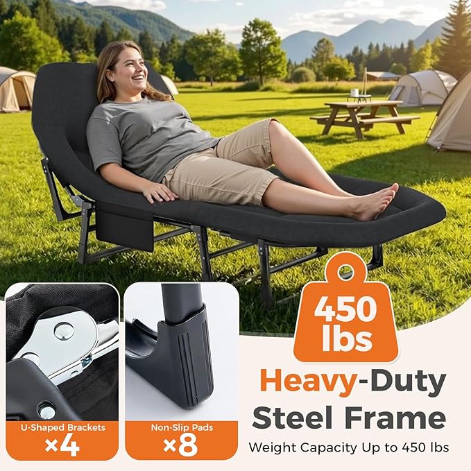 NEWBULIG Foldable Camping Cot for Adults, Sleeping Cots with Mattress, Pillow and Side Pocket, 6-Angle Adjustable Folding Camp Bed, 450lbs Weight Capacity, for Hiking, Traveling, Office Napping, Guest