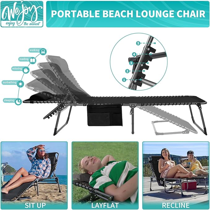 #WEJOY Folding Lounge Chair Outdoor, 5-Position Adjustable Sunbathing Tanning Chair with Shoulder Strap & Side Pocket, Heavy Duty Reclining Chair for Patio Pool Camping, Portable Folding Bed Cot,Black
