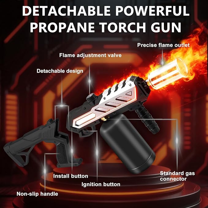 Powerful Propane Torch with Detachable Design, Adjustable Flame Kitchen Blow Torch, Flamethrower Gun Torch Burner for BBQ, Searing Steak, Welding, Camping Charcoal Lighter (Tank Not Included)