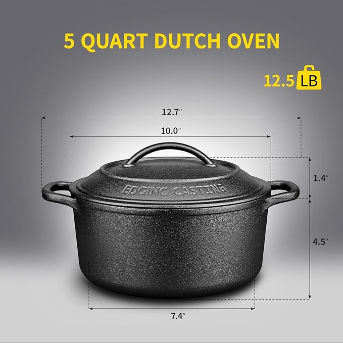 Pre-Seasoned Cast Iron Dutch Oven Pot with Lid Dual Handle, Sourdough Bread Baking Pots, Bread Oven, Camping, Grill, Induction, Electric, Round 5 Quart, Black