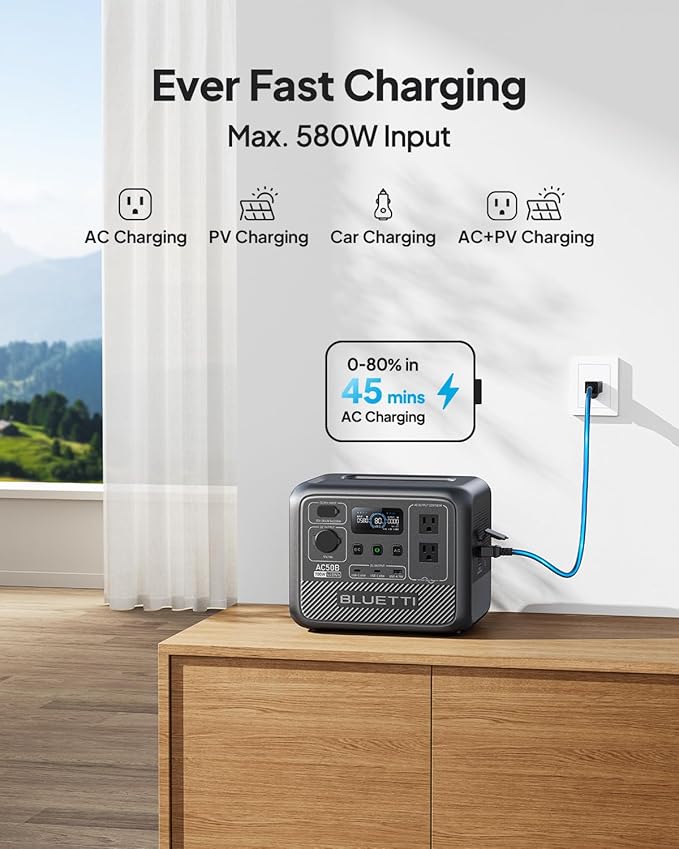 BLUETTI AC50B Portable Power Station, 448Wh Solar Generator LiFePO4 Battery Backup w/ 2 700W AC Outlets (Power Lifting 1000W), 0-80% in 45 Min, for Camping, Road Trip, Outage (Solar Panel Optional)