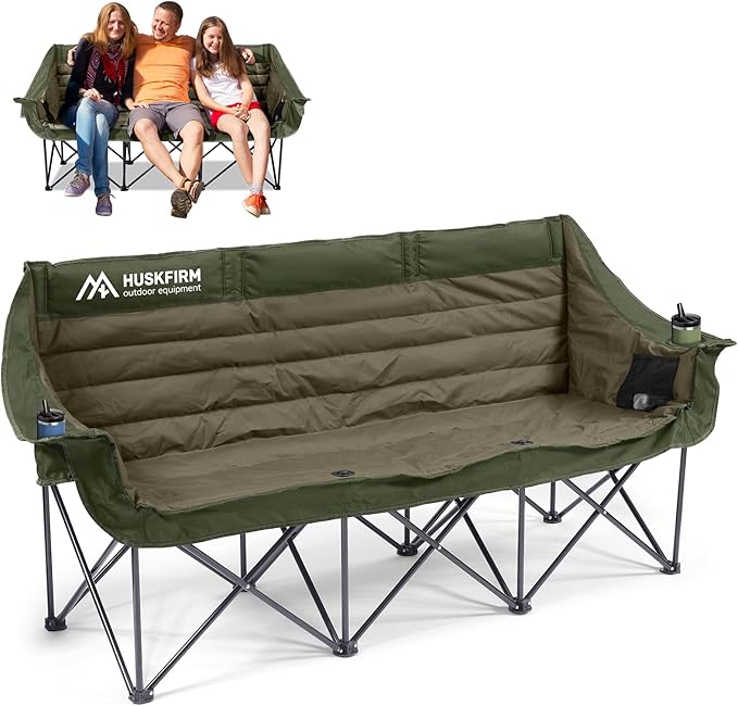 3 Person Camping Chairs Folding Double Camping Chair Portable Oversized Loveseat Padded Camp Chair Heavy Duty Camping Couch for Adults Outdoor Lawn with Two Cup Holders and Carry Bag Green