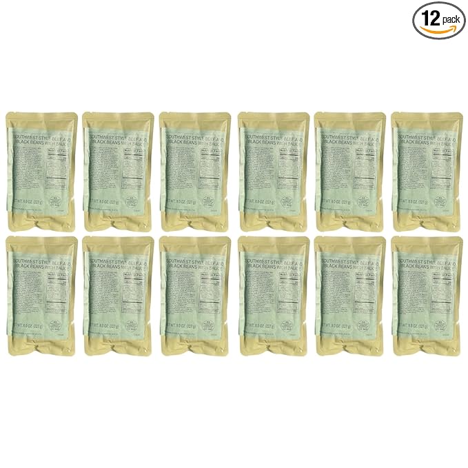 MRE (Meal-Ready-to-Eat) | Single Serving Entree | Emergency Meals | Survival Food | Fresh Dates | Long Shelf Life | Made in USA (12-Pack, Southwest Style Beef and Black Beans)