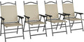 Outsunny Folding Patio Chairs, Set of 4 Sports Chairs for Adults, Camping Chairs with Armrests, Breathable Mesh Fabric Seat for Lawn, Beige
