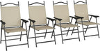 Outsunny Folding Patio Chairs, Set of 4 Sports Chairs for Adults, Camping Chairs with Armrests, Breathable Mesh Fabric Seat for Lawn, Beige