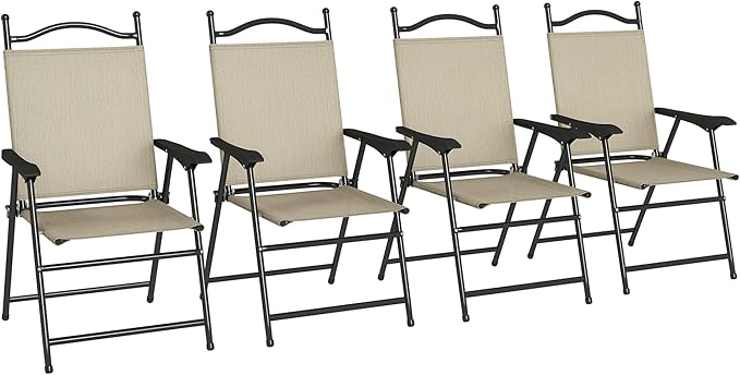 Outsunny Folding Patio Chairs, Set of 4 Sports Chairs for Adults, Camping Chairs with Armrests, Breathable Mesh Fabric Seat for Lawn, Beige