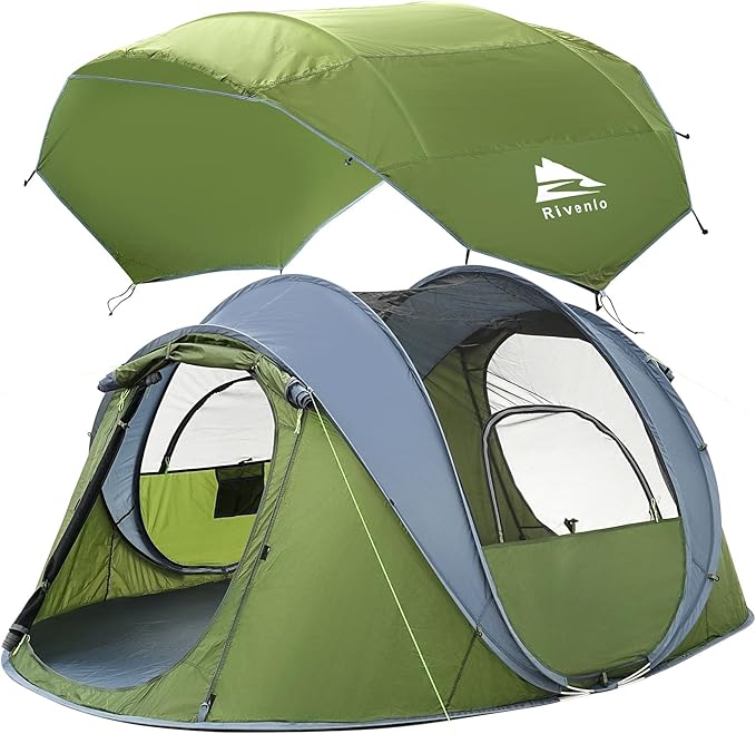 4 Person Easy Pop Up Tent, Automatic Setup, Waterproof, 2 Doors-Instant Family Tents for Camping, Hiking & Traveling, 9.5’X6.6’X52''
