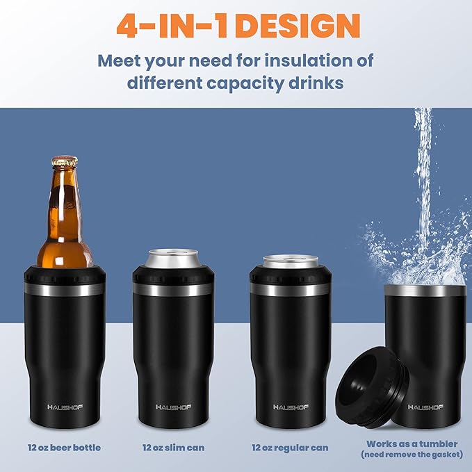 HAUSHOF 12 oz Can Cooler, 4 in 1 Insulated Stainless Steel Can Insulator, Fits for 12 oz Standard Can| Slim Can|12 oz Beer Bottle, Perfect for Camping, Beach, Picnic