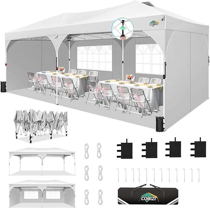 COBIZI 10x20 Pop Up Canopy Tent, Outdoor Party Tent with 4 Sidewalls, 1 Person Easy Set up, Tents for Parties with Fluorescent Strip & 4 Sandbags, Waterproof UPF50+, 3 Adjustable Height, White