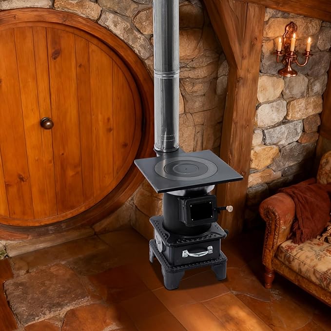 CNCEST Wood Burning Stove with Chimney Pipes,Cast Iron Cast Iron Portable Hot Tent Stove,6m/19.69ft Smoke Sleeve,Wood Stove Heating and Cooking for Camping,Tents,Cooking and Travel (TypeC)