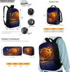 Rnyleeg Fire Basketball Backpack for Kids Age 6-8 Cool Boys Backpack with Lunch Box 3 Pcs Bookbag Set for Elementary School Back to School Gifts