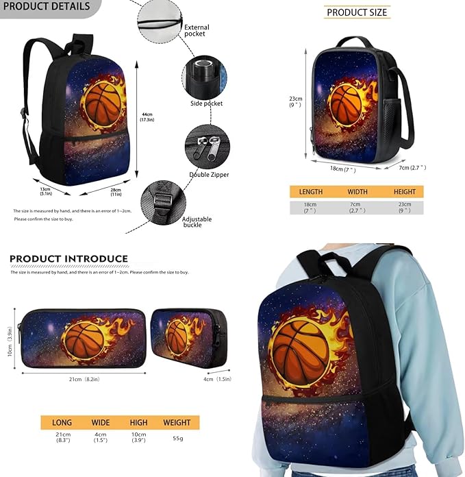 Rnyleeg Fire Basketball Backpack for Kids Age 6-8 Cool Boys Backpack with Lunch Box 3 Pcs Bookbag Set for Elementary School Back to School Gifts