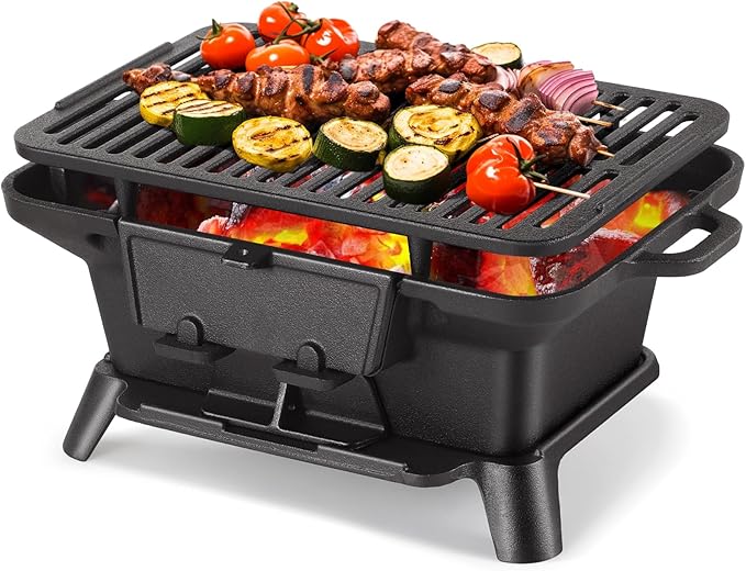 Hibachi Grill Outdoor, Portable Mini Charcoal Grill, Pre-Seasoned Cast Iron, Small Japanese Yakitori Tabletop Skillet Grill Stove for Outdoor Camping