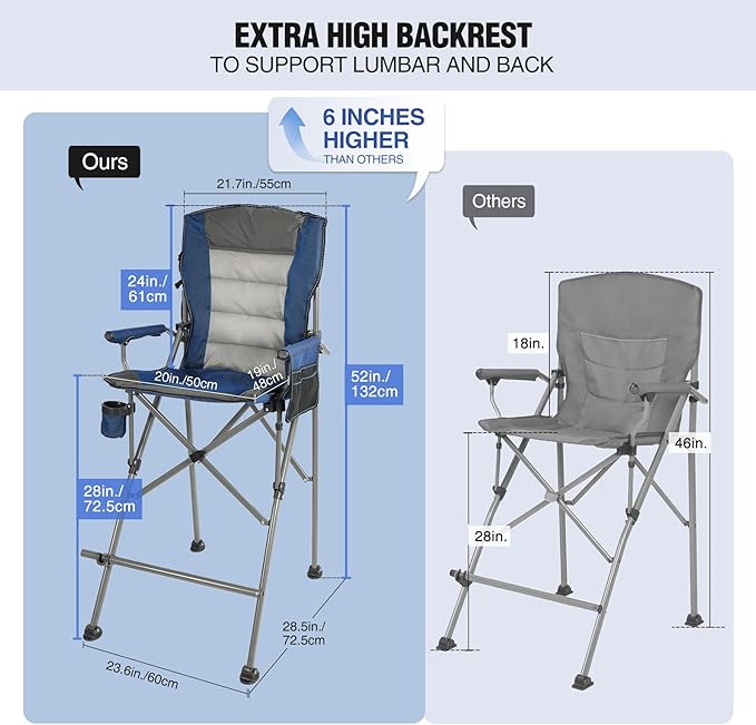 Extra Tall Folding Chairs for Adults 2 Pack, Portable Bar Height Foldable Director Chairs for Camping Outside, Comfortable with Makeup PocketHigh Back and Footrest, Blue and Black