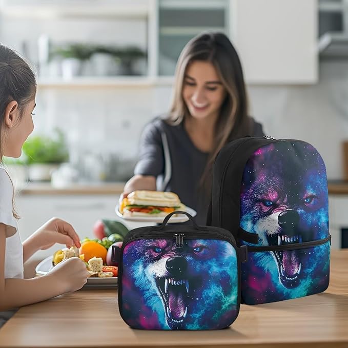 Wolf Universe Backpack with Lunch Box for Men Cool School Bag for Teen Boys Insulated Lunch Bag for Outdoor Polyester Bookbag for Travel Camping