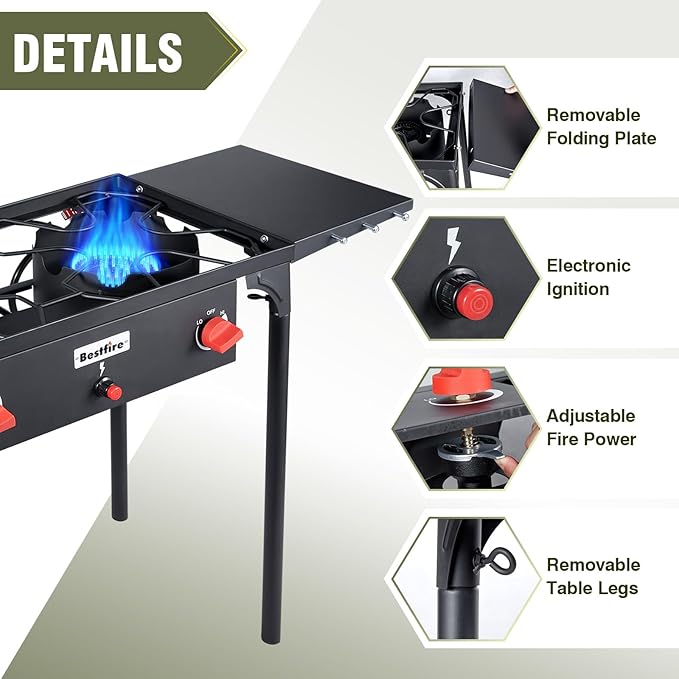 Bestfire 2 Burner Propane Camping Stove,150,000 BTU,Exclusive One-Touch Auto Ignition (Safer & Convenient),2 Side Shelves,CSA-Certified,30s Tool-Free Setup,Portable for Camping, Estufa De Gas Portatil