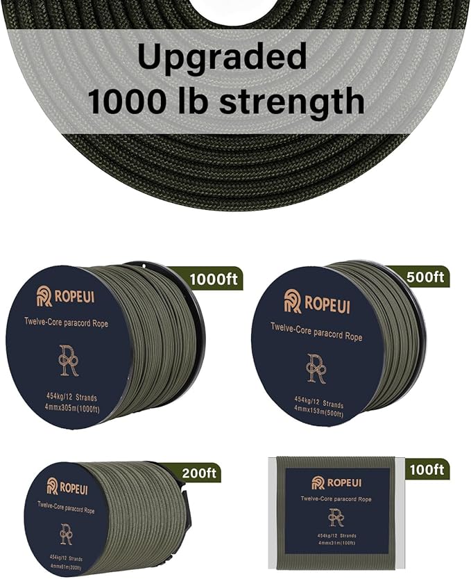 1000lb Paracord, 5/32" (4mm) 12 Strand Nylon Tactical Parachute Cord, 100ft–1000ft Utility Rope for Survival, Camping, Hiking, Outdoor Crafting, Bracelets & Clothesline