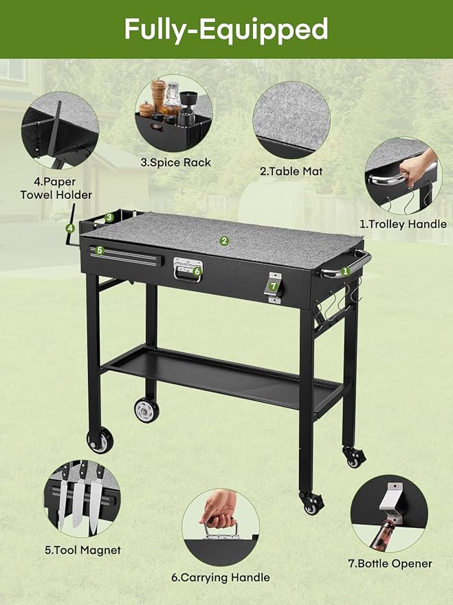 FOHERE Folding Grill Cart for Blackstone 16-28 Inch Griddle, Portable Outdoor BBQ Prep Table with Wheels & Paper Towel Holder, Stand for Camping, Patio, Tailgating