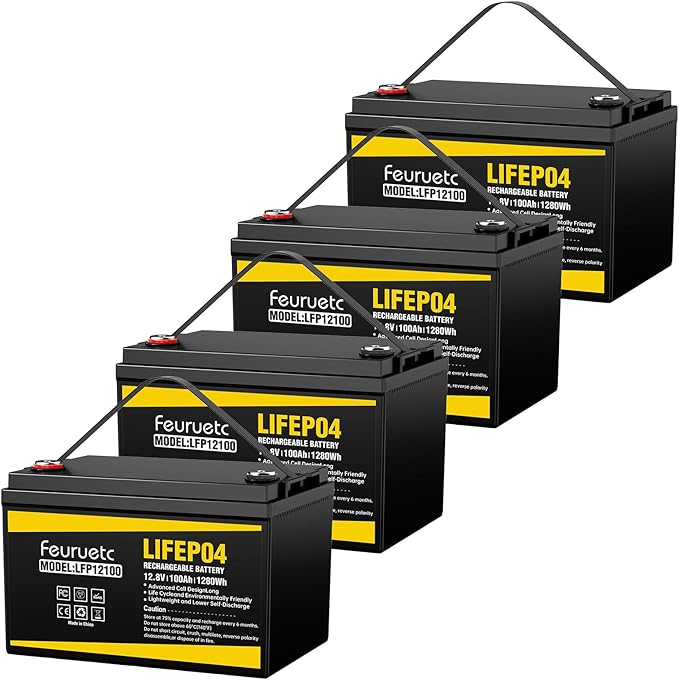 12V 100Ah LiFePO4 Battery - Small RV Battery with 100A BMS, 15000+ Deep Cycles, Solar Energy Storage, Lithium Phosphate Batteries for Home Motor, Travel Trailer, Camping, Off-Grid Power (4PC)