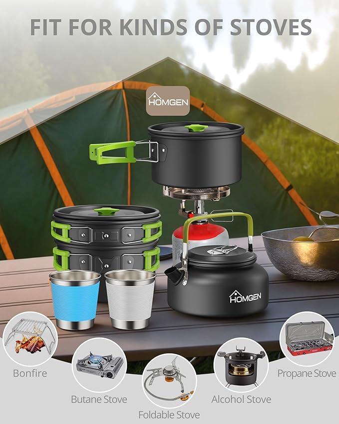 HOMGEN Ultralight Anodized Aluminum Camping Cookware Set for 2 People - Nesting Non Stick Pot/Pan with Foldable Handles Insulated Teapot & Stainless Cups - Compact Backpacking Gear for Camping/Hiking