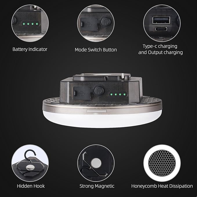 LED Camping Lantern, USB-C Rechargeable 5000LM 20H Runtime, 4 Modes with SOS, IPX5 Waterproof, Magnetic Base & Foldable Hook for Outdoor, Tent, Emergency & Hurricane