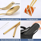 Stainless Steel Travel Utensil Set with Case - Portable Flatware Cutlery, Chopsticks, Straw - Gold