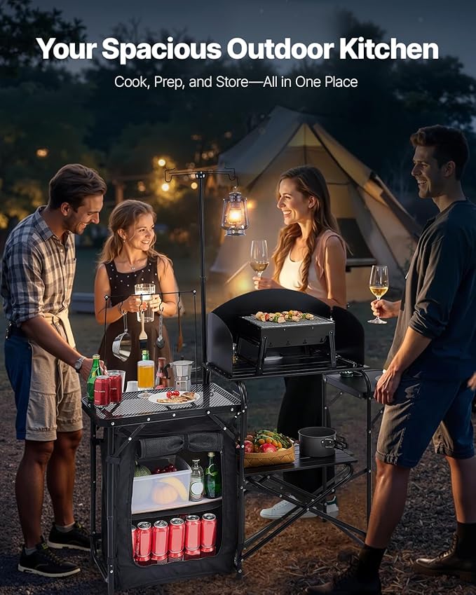 VEVOR Camping Kitchen Table, Outdoor Camp Cooking Table, Aluminum Portable Cook Station with Storage Cupboard, Carrying Bag, Detachable Windscreen, Quick Set-up for BBQ Party Picnic RV Travel, Black
