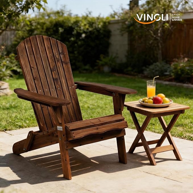 VINGLI Folding Adirondack Chair, Wood Adirondack Chairs for Outdoor, Foldable Fire Pit Chairs for Patio, BBQ, Porch, Yard, Pool, Carbonized
