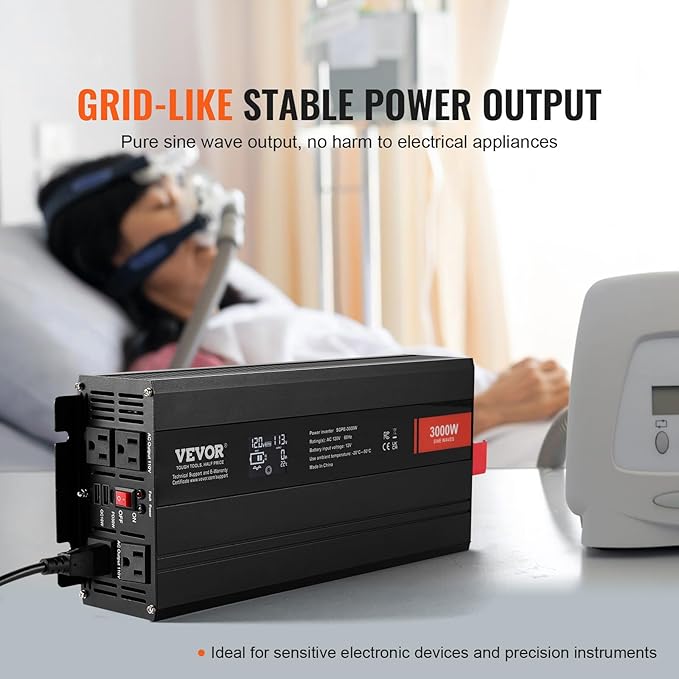 VEVOR 3000W Pure Sine Wave Inverter, DC 12V to AC 120V Power Inverter for Truck RV Off-Grid, Car Inverters with 4 AC, 2 USB, Type-C Port, LCD Display and Remote Controller for Large Home Appliances