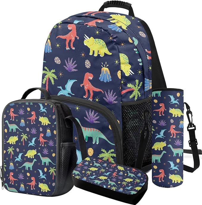 Cute Dinosaur Backpack with Lunch Bag Blue Bookbag Lightweight Trendy Kids Bookbag and Lunch Box Set Boys 4 Pcs School Bag for Boys 7-8 Hiking Daypack Travel Back to School Gifts