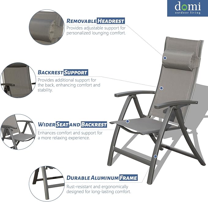 Domi Patio Outdoor Sling Chairs Set of 2 with Moveable Headrest, Folding Chairs Outdoor Reclining Camping Chairs with Armrest Adjustable High Backrest